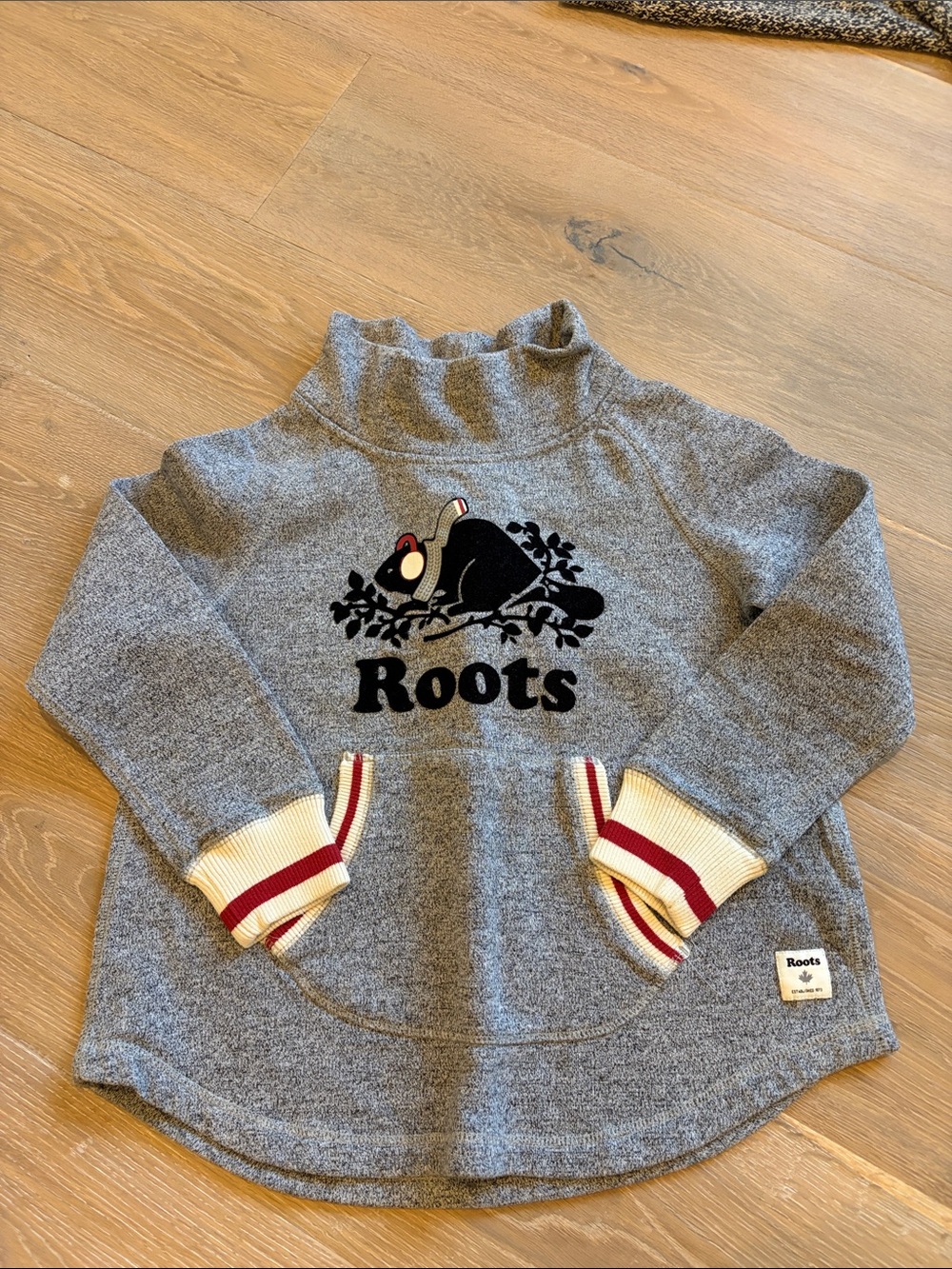 Roots Grey Kids Turtleneck Sweatshirt with Cream & Red-Trim Cuffs